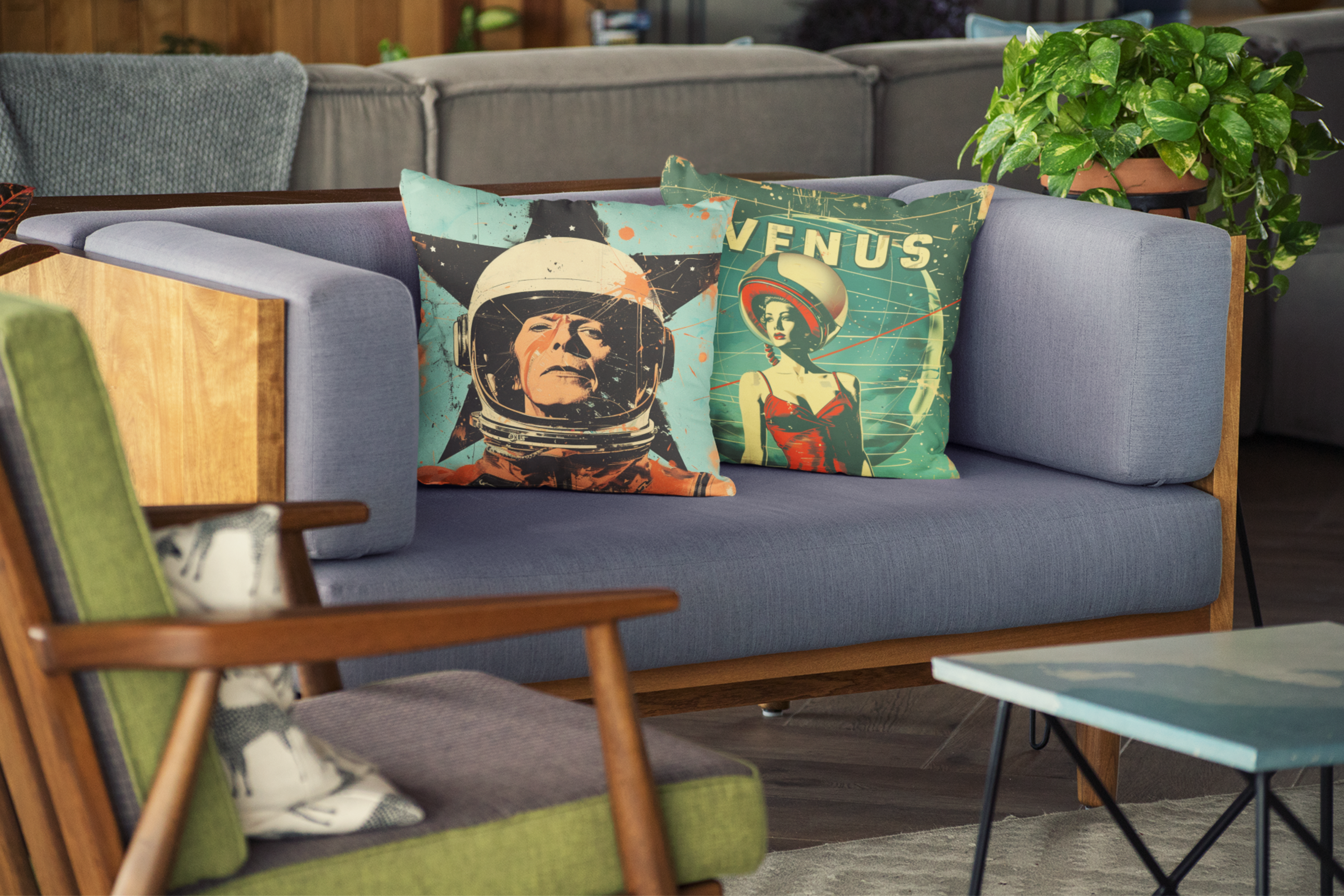 Retro space art decor pillows on display.