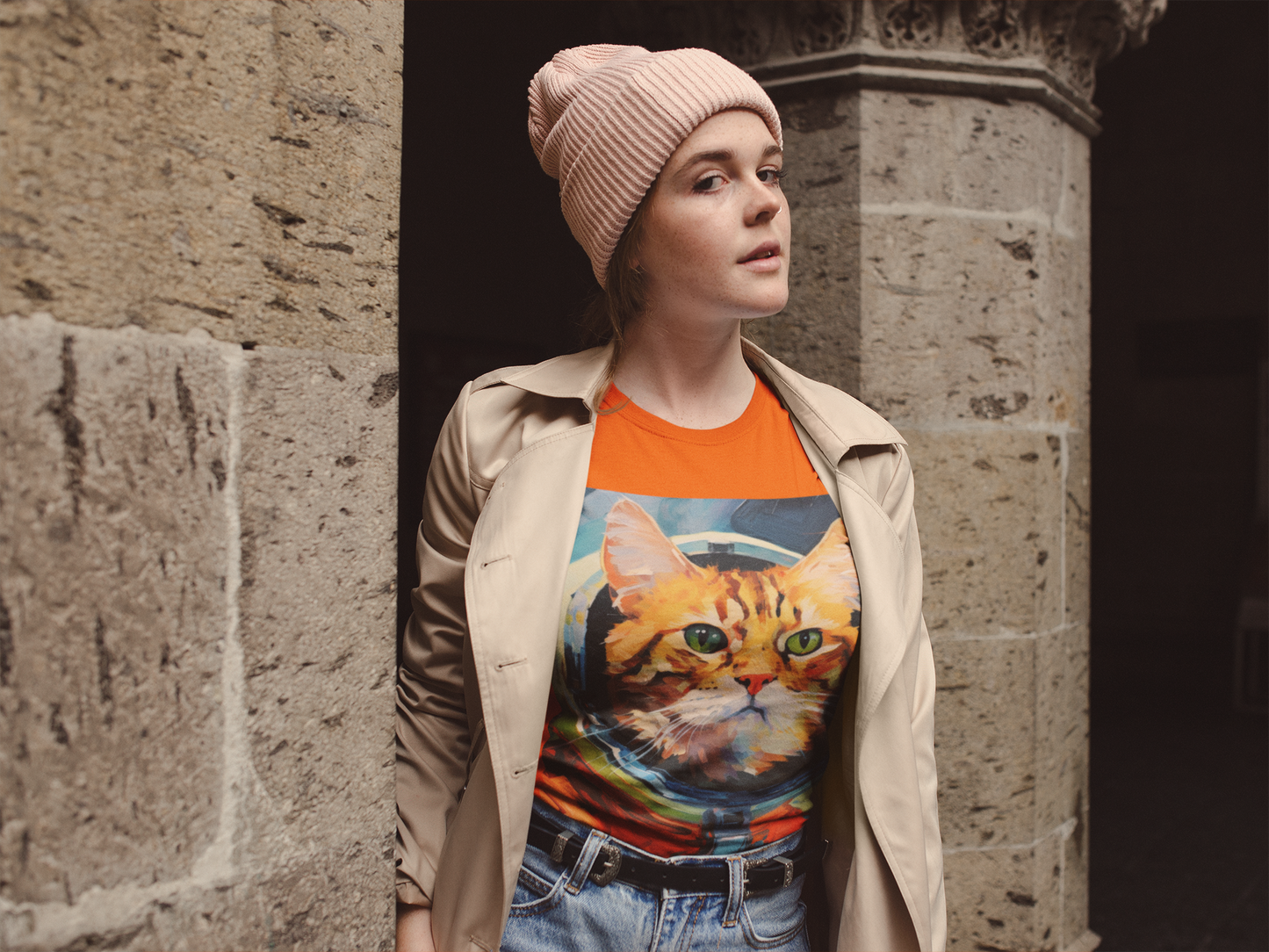 pet cadet space art t-shirt orange tabby cat